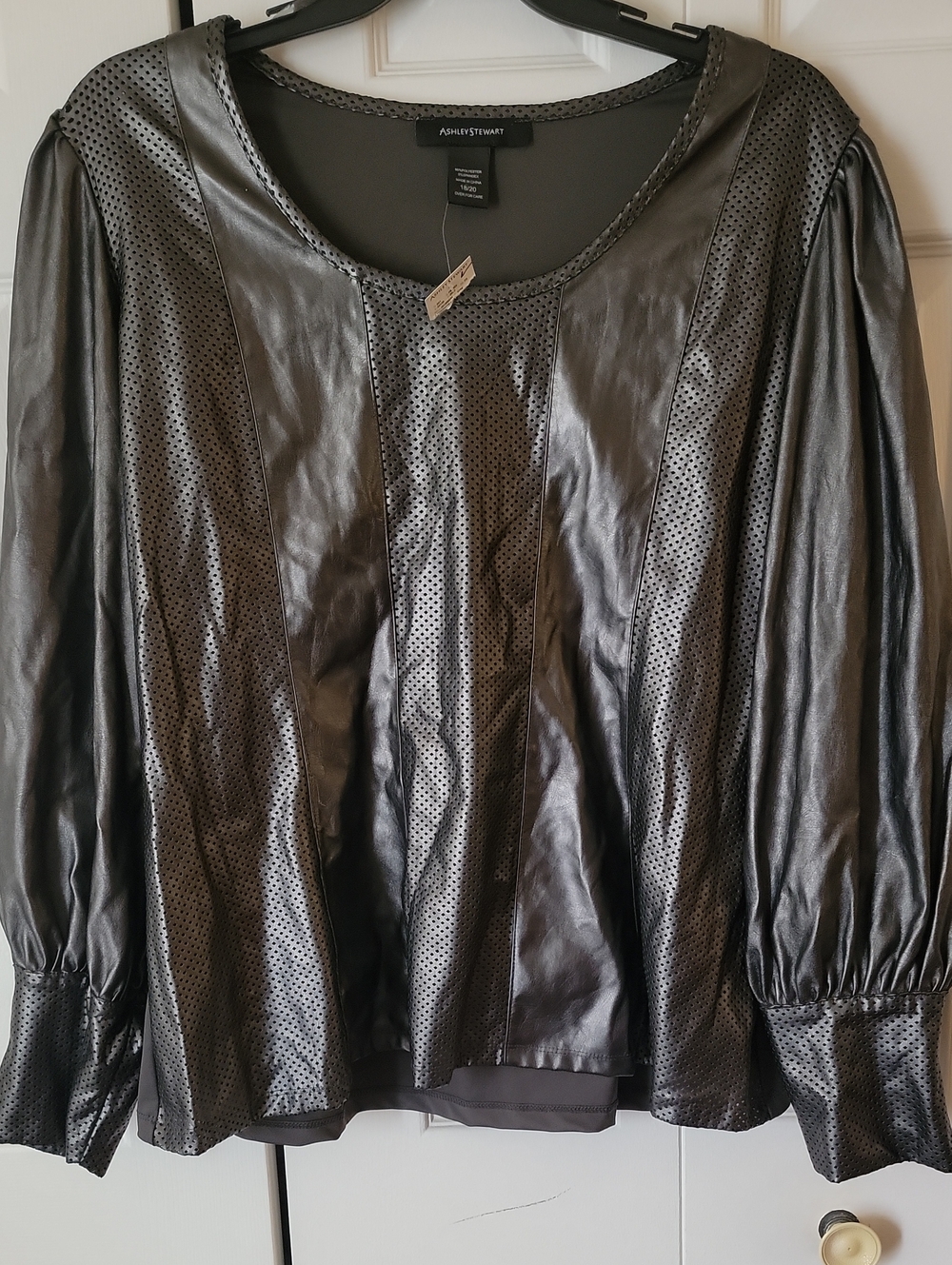 Ashley Stewart Metallic Grey/ Black Perforated Faux Leather Blouse